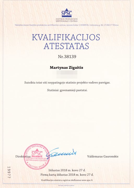Kvalifikacijos atestatas Nr. 38139