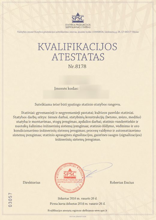 Kvalifikacijos atestatas Nr. 8178