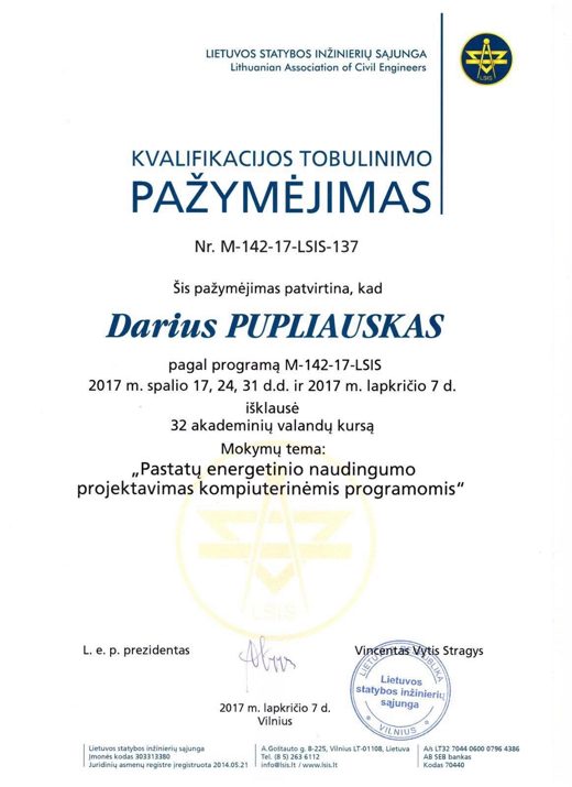 Kvalifikacijos tobulinimo pažymėjimas Nr. M-142-17-LSIS-137