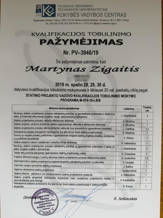 Kvalifikacijos tobulinimo pažymėjimas Nr. PV-3946/19